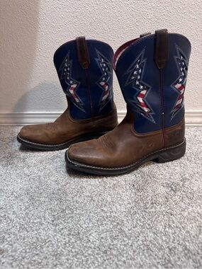 Ariat Brown Leather Work Boots with Blue Patriotic Shaft